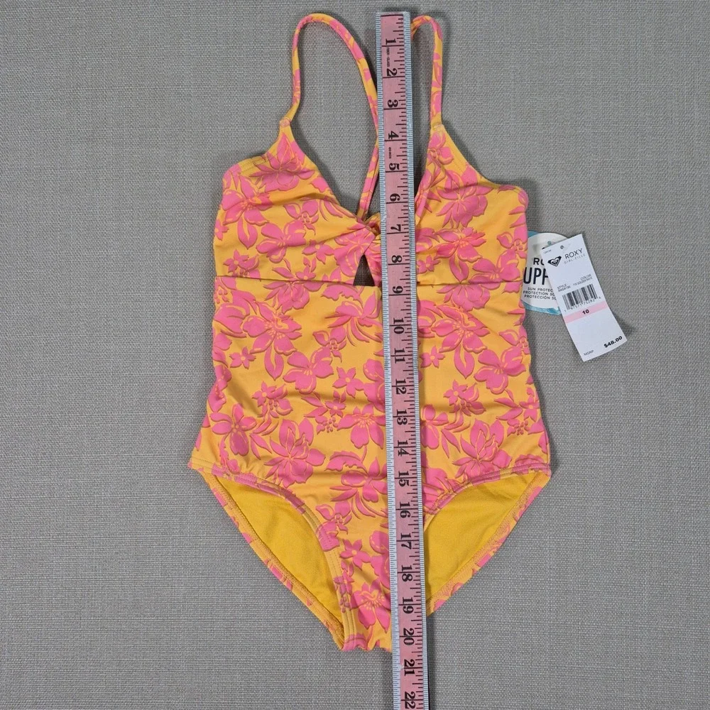 Roxy Girl One Piece Swimsuit Yellow Pink Floral UPF 50+ Size 10 New